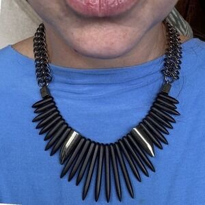 Biko Black Silver Statement Bib Chain Necklace Spiked Whimsigoth‎ Gothcore